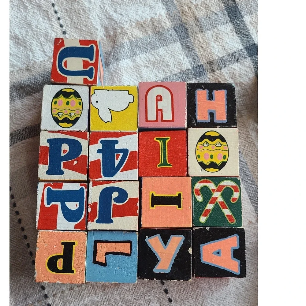 Vintage Wooden Alphabet Blocks Set 16pc Holiday Illustrations Nursery Decor Toy